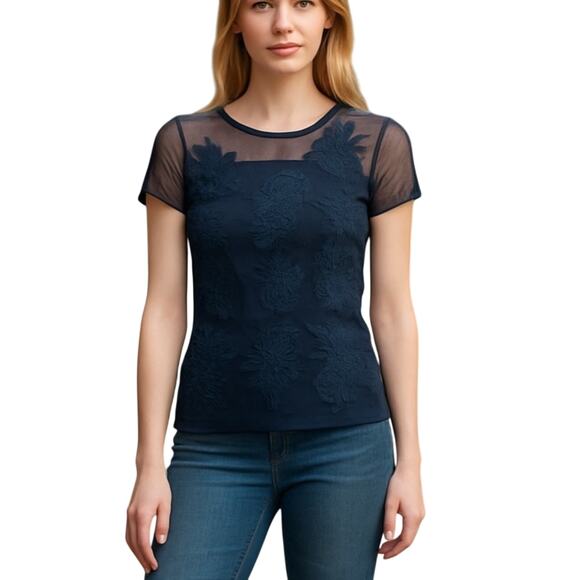 INC International Concepts Dark Blue Floral Mesh Blouse Scoop Neck Size M EUC - Picture 2 of 6